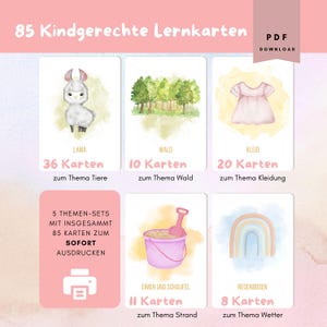 Puede incluir: Un conjunto de 85 tarjetas de aprendizaje imprimibles para niños con varios temas, que incluyen animales, bosque, ropa, playa y clima. Las tarjetas están ilustradas con lindos dibujos de acuarela e incluyen el número de tarjetas por tema.