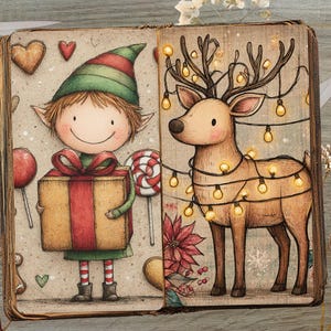 May include: An open book illustration featuring a cartoon elf holding a gift and a reindeer adorned with string lights. The elf wears a green and red outfit, and the reindeer has a festive glow. Lollipops and hearts add to the holiday theme.