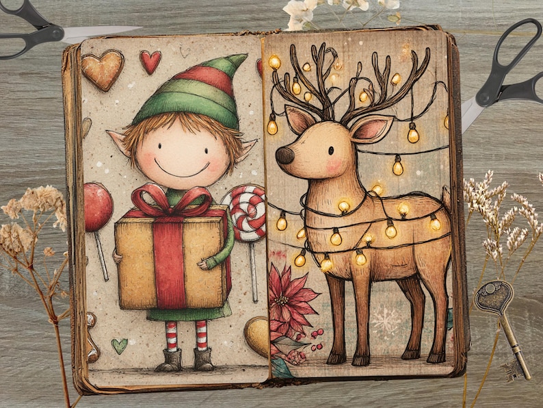 May include: An open book illustration featuring a cartoon elf holding a gift and a reindeer adorned with string lights. The elf wears a green and red outfit, and the reindeer has a festive glow. Lollipops and hearts add to the holiday theme.