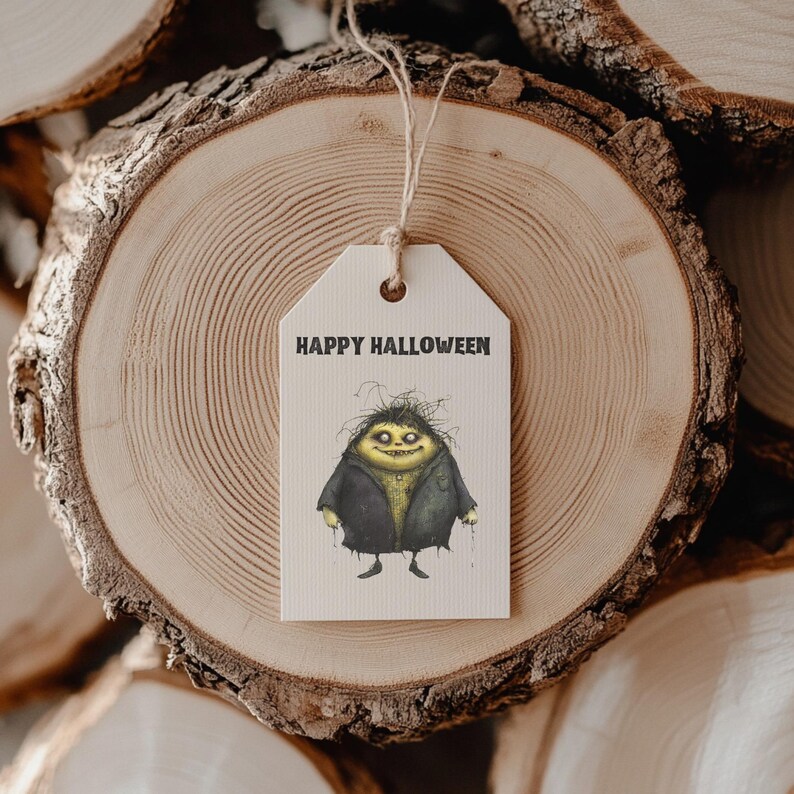 May include: A beige Halloween gift tag with the words "HAPPY HALLOWEEN" printed in black. The tag features a cartoon monster illustration in a black coat and yellow skin, with a string for hanging.