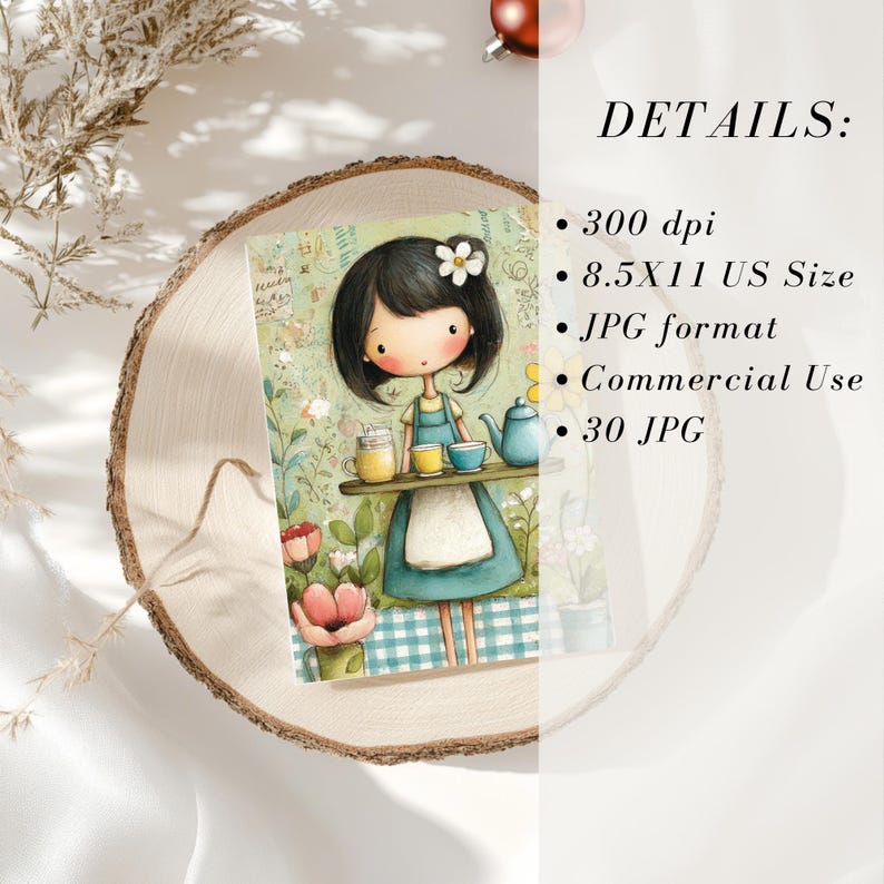 May include: A whimsical illustration of a girl carrying a tray with a teapot, cups, and a jar. The girl is wearing a blue dress and apron, with a flower in her hair. The background features floral and botanical elements. The image is 8.5x11 US size.