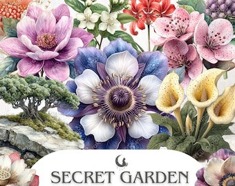 May include: A digital illustration featuring a variety of watercolor flowers in shades of pink, purple, white, and yellow. The image includes a bonsai tree and the text "SECRET GARDEN" with additional details about the product.