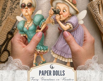 Fairy Grandma Paper Dolls PNG PDF Whimsical Quirky Vacation Fairies Fussy Cuts Cottagecore Scrapbook Ephemera Junk Journal Digital Download