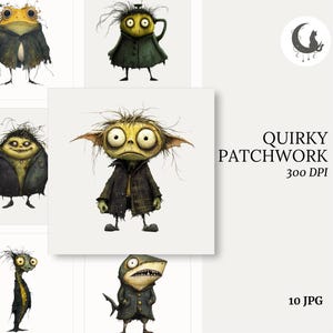 Può includere: Una collezione di stampe artistiche digitali stravaganti con creature bizzarre e simili a cartoni animati. Ogni personaggio è raffigurato con tratti esagerati, indossa abiti laceri e si trova su uno sfondo bianco. È visibile anche il testo "Quirky Patchwork" e "300 DPI".