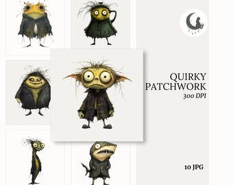 Quirky Eerie Patchwork Whimsical Characters Clipart Set of 10 High Quality 300 DPI JPG Quilting Gnome Designs for Sewing and Birthday Crafts