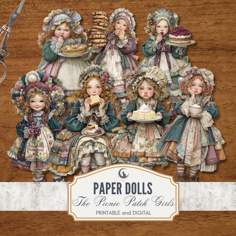 May include: A digital illustration of seven paper dolls in vintage dresses, each holding food items such as cookies, cake, and bread. The dolls have curly hair and wear bonnets. The image includes the text "PAPER DOLLS The Picnic Patch Girls PRINTABLE and DIGITAL."