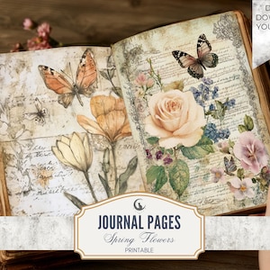 Spring Flowers Floral Junk Journal Pages Set of 20 Printable 300 DPI Digital Papers Background Art for Scrapbooking Crafts Collage Download