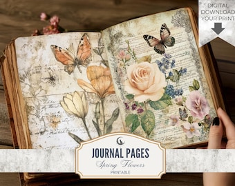 Spring Flowers Floral Junk Journal Pages Set of 20 Printable 300 DPI Digital Papers Background Art for Scrapbooking Crafts Collage Download