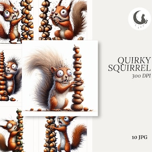 Ensemble de 10 cliparts drôle d'écureuil énervé à l'aquarelle de haute qualité 300 DPI JPG art animalier lunatique pour scrapbooking en téléchargement numérique
