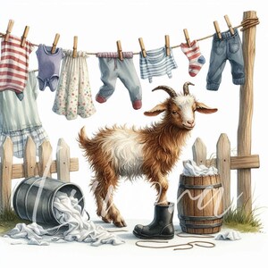 K&ouml;nnte beinhalten: Aquarellillustration einer braun-wei&szlig;en Ziege neben einer W&auml;scheleine mit Babykleidung. Ein schwarzer Stiefel und ein Holzfass sind ebenfalls in der Szene. Ein Metalleimer mit versch&uuml;tteter wei&szlig;er W&auml;sche befindet sich im Vordergrund.