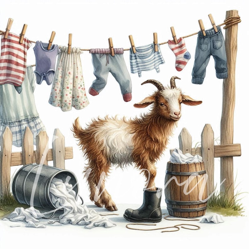 K&ouml;nnte beinhalten: Aquarellillustration einer braun-wei&szlig;en Ziege neben einer W&auml;scheleine mit Babykleidung. Ein schwarzer Stiefel und ein Holzfass sind ebenfalls in der Szene. Ein Metalleimer mit versch&uuml;tteter wei&szlig;er W&auml;sche befindet sich im Vordergrund.