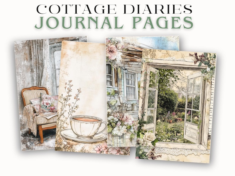 May include: Four vintage-style journal pages with watercolor illustrations. The pages feature a teacup, a cottage, an open door to a garden, and a chair. The text "COTTAGE DIARIES JOURNAL PAGES" is at the top.