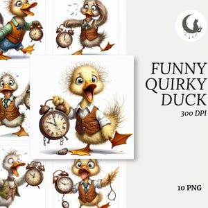 Clipart de pato desgrenhado em aquarela PNG Animal de fazenda engraçado Pássaro atrasado Despertador Colete peculiar Fundo transparente para download digital