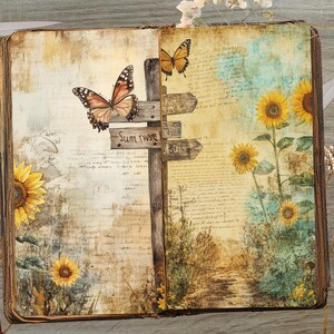 May include: An open vintage journal with a distressed brown cover. The pages are decorated with painted images of butterflies, sunflowers, and a wooden signpost with the words "Sun-wise" written on it.