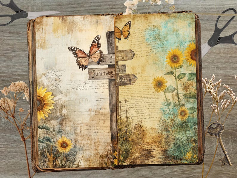 May include: An open vintage journal with a distressed brown cover. The pages are decorated with painted images of butterflies, sunflowers, and a wooden signpost with the words "Sun-wise" written on it.