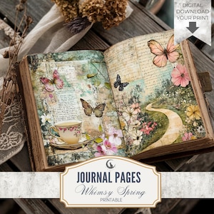 Puede incluir: Páginas de diario abiertas con un tema primaveral caprichoso. Las páginas presentan ilustraciones de mariposas y flores, una taza de té y un camino sinuoso. El texto "Journal Pages Whimsy Spring Printable" se muestra en una pancarta.