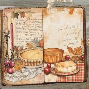 May include: An open vintage book illustration featuring a pie, bowl of food, and handwritten text. The image has a warm, autumnal color palette with fall leaves and red berries. A lit candle and decorative elements complete the scene.