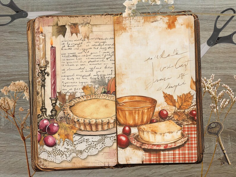 May include: An open vintage book illustration featuring a pie, bowl of food, and handwritten text. The image has a warm, autumnal color palette with fall leaves and red berries. A lit candle and decorative elements complete the scene.