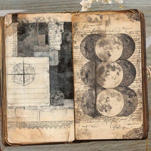May include: Open vintage book with aged pages featuring a compass rose, moon phases, and handwritten script. The book has a worn, antique aesthetic with decorative corner details. Scissors and a key are placed near the book.
