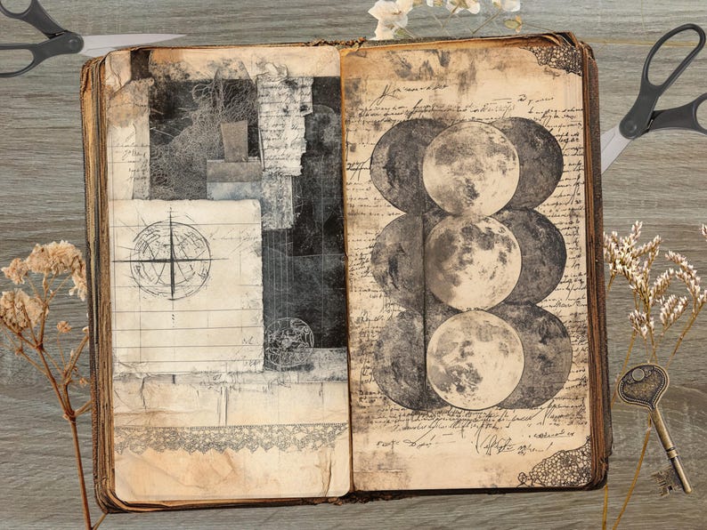 May include: Open vintage book with aged pages featuring a compass rose, moon phases, and handwritten script. The book has a worn, antique aesthetic with decorative corner details. Scissors and a key are placed near the book.