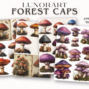 May include: A collection of colorful mushroom illustrations, featuring red and white, purple and black, and red and yellow mushrooms. The illustrations are arranged in a grid pattern on a white background. The text "LUNORART FOREST CAPS" is at the top of the image. The text "preview of the book" is at the top right of the image.