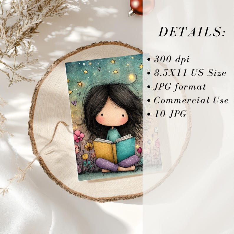 Op de afbeelding: Een charmante illustratie van een meisje met zwart haar dat een boek leest, omringd door bloemen en sterren. Het boek heeft gele en blauwe pagina's. De afbeelding is 21,59 x 27,94 cm en is voor commercieel gebruik.