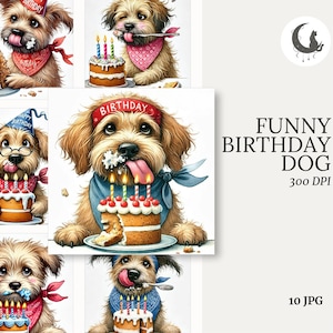 面白い風変わりな水彩画の誕生日の犬のクリップアート 10 個セット 高品質 300 DPI JPG 気まぐれな動物 スクラップブック パーティー カード デコレーション ダウンロード