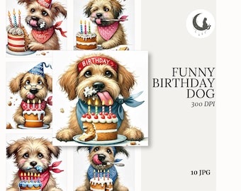 Può includere: Dieci illustrazioni digitali di cani con cappelli di compleanno e torte. I cani sono di razze diverse e hanno espressioni facciali diverse. Le illustrazioni sono in stile cartone animato e sono perfette per l'uso su biglietti di auguri di compleanno, inviti o social media.