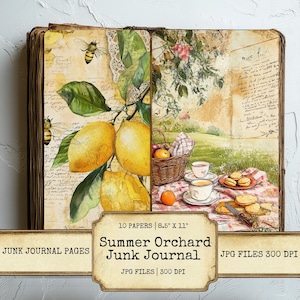 Páginas imprimibles para diario basura de picnic de verano en el huerto, efímeras de frutas, estilo cottagecore, fondo de papel rústico para álbumes de recortes, collages y manualidades.
