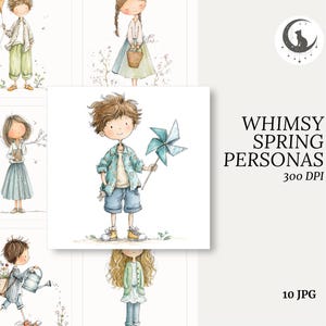 以下が含まれることがあります： 春をテーマにした子供たちの水彩イラスト。青い風車を持つ子供、凧、じょうろ、花を持つ子供たち。テキスト「Whimsy Spring Personas」は「300 DPI」と「10 JPG」で表示されます。