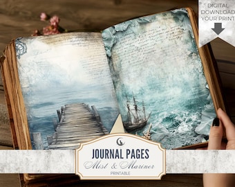 Blue Tones Junk Journal Pages Printable Ocean Mist Coastal Theme Nautical Watercolor Paper Ephemera for Scrapbooking & Crafts