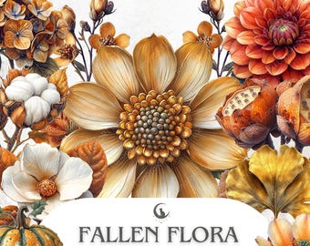 May include: A digital illustration of various flowers and foliage in warm tones. The image features a large, golden-yellow flower in the center, surrounded by orange, white, and yellow blooms. The text "FALLEN FLORA" is at the bottom.