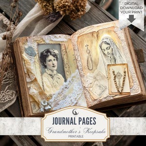 Grandmother’s Keepsake Box Junk Journal Pages, Rustic Ephemera Digital Paper, Lace Pearl Handkerchief Collage Scrapbooking Printable Kit
