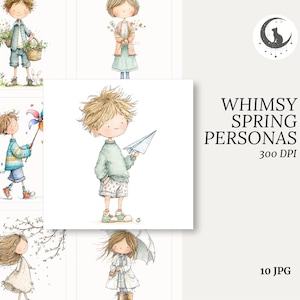 以下が含まれることがあります： 気まぐれな春のペルソナの水彩イラスト。春の服装をした子供たちが、花、紙飛行機、風車を持っています。右側のテキストは「Whimsy Spring Personas 300 DPI 10 JPG」と書かれています。