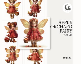 Apple Orchard Fairy Clipart PNG Transparent Background Autumn Fall Girl Whimsical Wings Apples Cozy Cottagecore Commercial Use Download