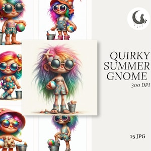 Conjunto de clipart de gnomo de praia de verão peculiar com 10 JPGs de alta qualidade de 300 DPI Arte sazonal divertida para cartões Artesanato de scrapbooking Download digital