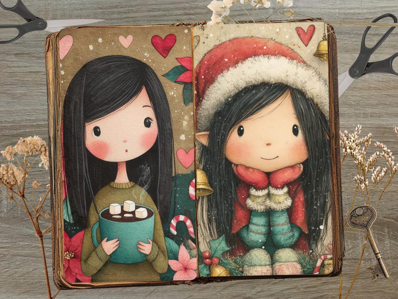 May include: A whimsical illustration in a vintage book depicts two cartoon girls. One holds a mug of hot chocolate, the other wears a Santa hat and scarf. The artwork features hearts, bells, and holiday elements, evoking a cozy, festive theme.