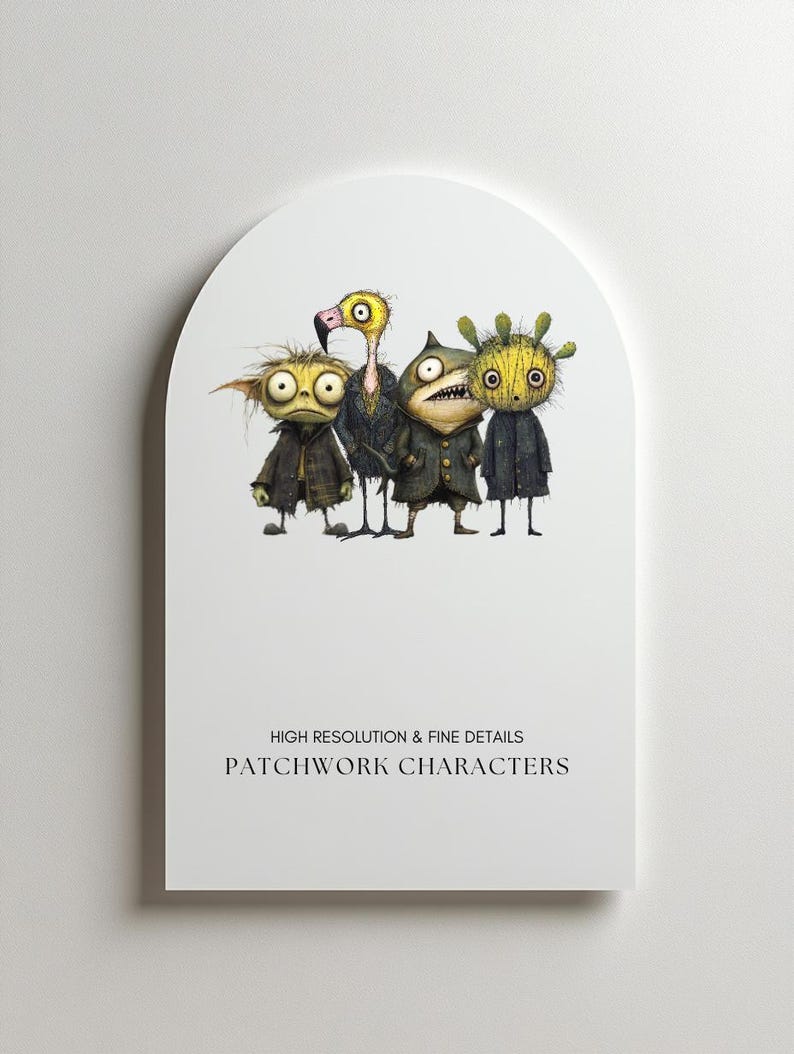 May include: A whimsical illustration of four patchwork characters with unique features. The characters are dressed in dark coats and have expressive eyes. The image includes the text "HIGH RESOLUTION & FINE DETAILS" and "PATCHWORK CHARACTERS".