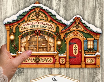 Woodland Christmas Coffee Shop Folio Kit Printable Interactive Paper Craft Whimsical Winter Cafe Junk Journal Ephemera Fussy Cuts Digital