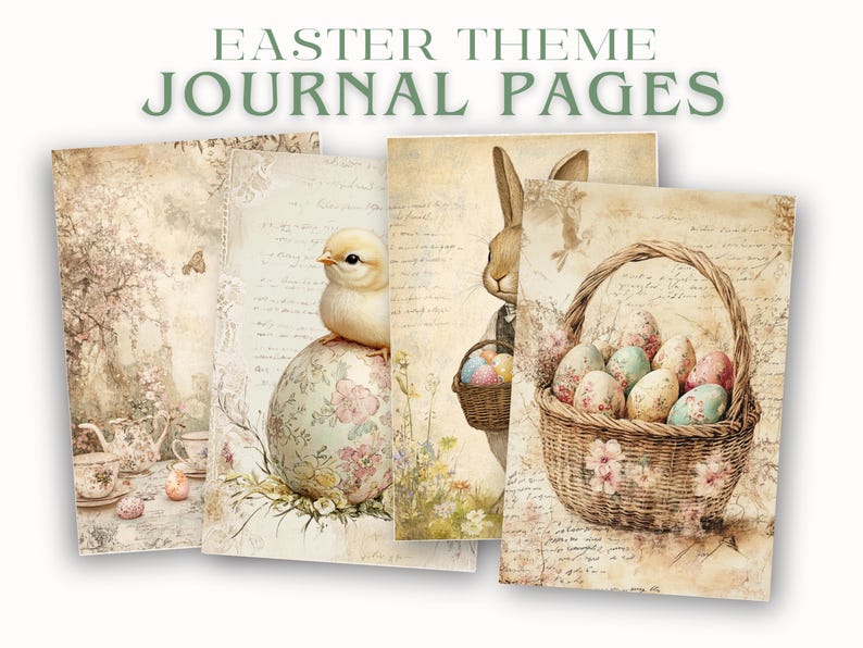 May include: Four vintage-style journal pages with an Easter theme. The pages feature a chick on an egg, a bunny holding a basket of eggs, a basket of eggs, and a floral scene with a butterfly.