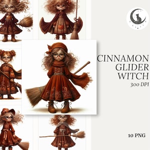 May include: Digital art featuring multiple illustrations of a witch doll with curly red hair, round glasses, and a broom. The witch is dressed in a rust-colored dress and cape. The image includes the text "CINNAMON GLIDER WITCH" and "10 PNG".