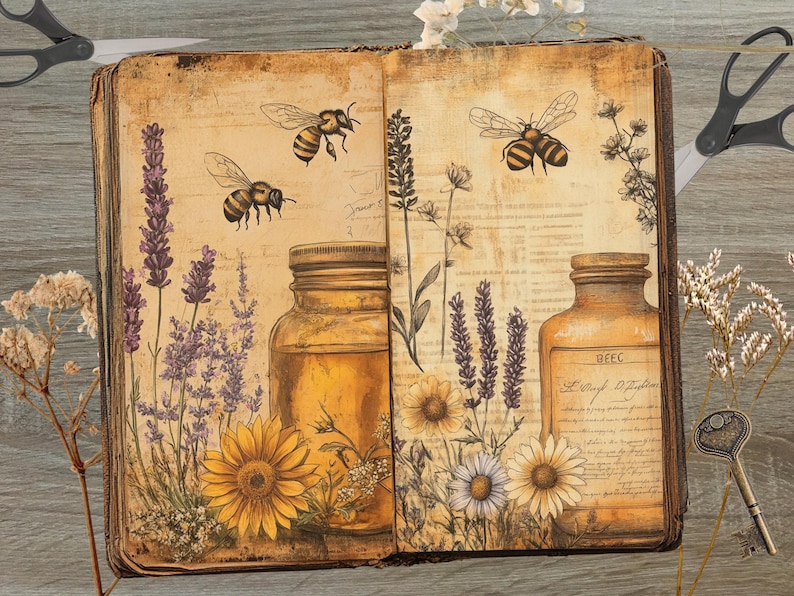 Puede incluir: Un libro vintage abierto con p&aacute;ginas llenas de texto escrito a mano e ilustraciones de abejas, flores y tarros de miel. El libro tiene un aspecto desgastado y envejecido y est&aacute; decorado con flores secas.