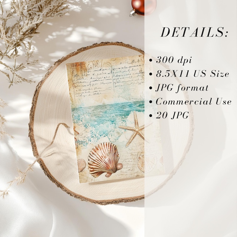May include: A set of 20 digital scrapbook papers featuring a beach theme with seashells, starfish, and ocean waves. The papers are 8.5x11 inches and 300 dpi. They are in JPG format and for commercial use.