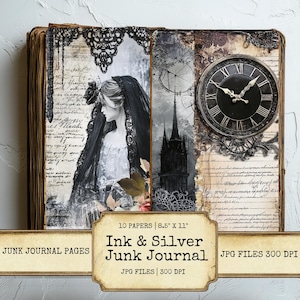 Gothic Halloween Junk Journal Pages Ink Black Oxidized Silver Dark Grunge Digital Paper Horror Ephemera Collage Kit Printable Download