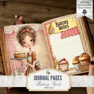 以下が含まれることがあります： ケーキを持つ女の子の水彩イラストと、右ページに「Bakery Notes」が描かれた開いたジャーナルのページ。ジャーナルのページには赤と白のチェック柄があり、「Journal Pages Bakery Girls Printable」というテキストがあります。