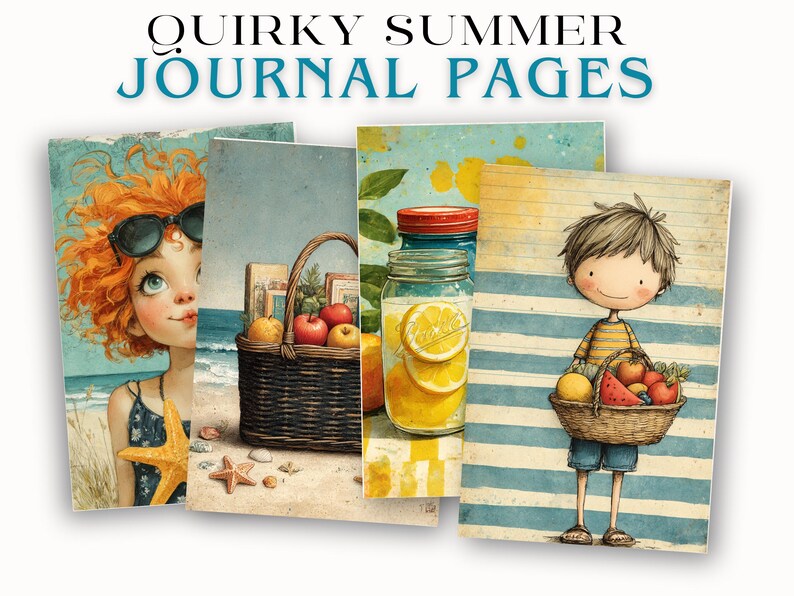 Summer Beach Quirky Junk Journal Pages JPG Coastal Coral Starfish Lemon ...