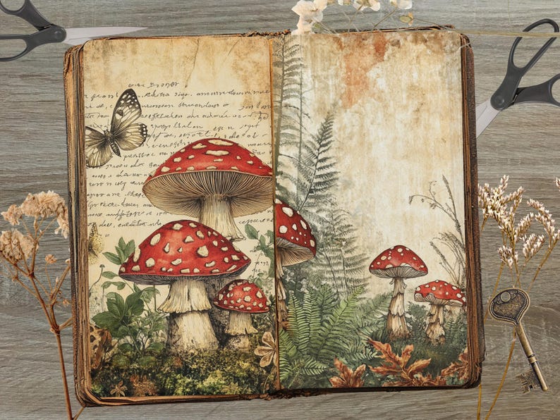 May include: Open book illustration featuring red and white spotted mushrooms, a butterfly, and ferns. The pages have a vintage, aged appearance with handwritten text. The overall theme is nature and fantasy.
