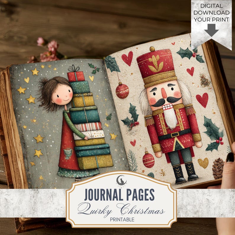 Quirky Christmas Journal Pages, Whimsical Holiday Ephemera, Rustic Winter Scrapbook Backgrounds, Printable Junk Journal Kit JPG Download image 1