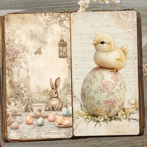 May include: An open vintage book with a pastel floral design. The left page features a rabbit and teacups, while the right page shows a chick sitting on a large pastel floral egg.