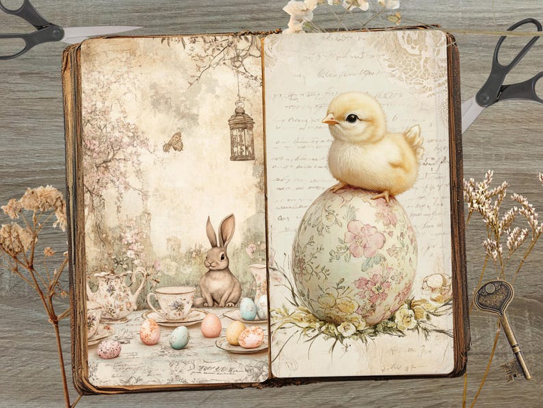 May include: An open vintage book with a pastel floral design. The left page features a rabbit and teacups, while the right page shows a chick sitting on a large pastel floral egg.